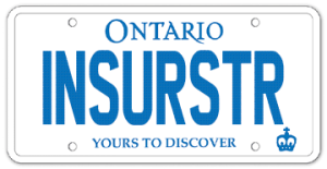 An Ontario Licence plate with the letters "INSURSTR", meaning Insurance Store, on it.